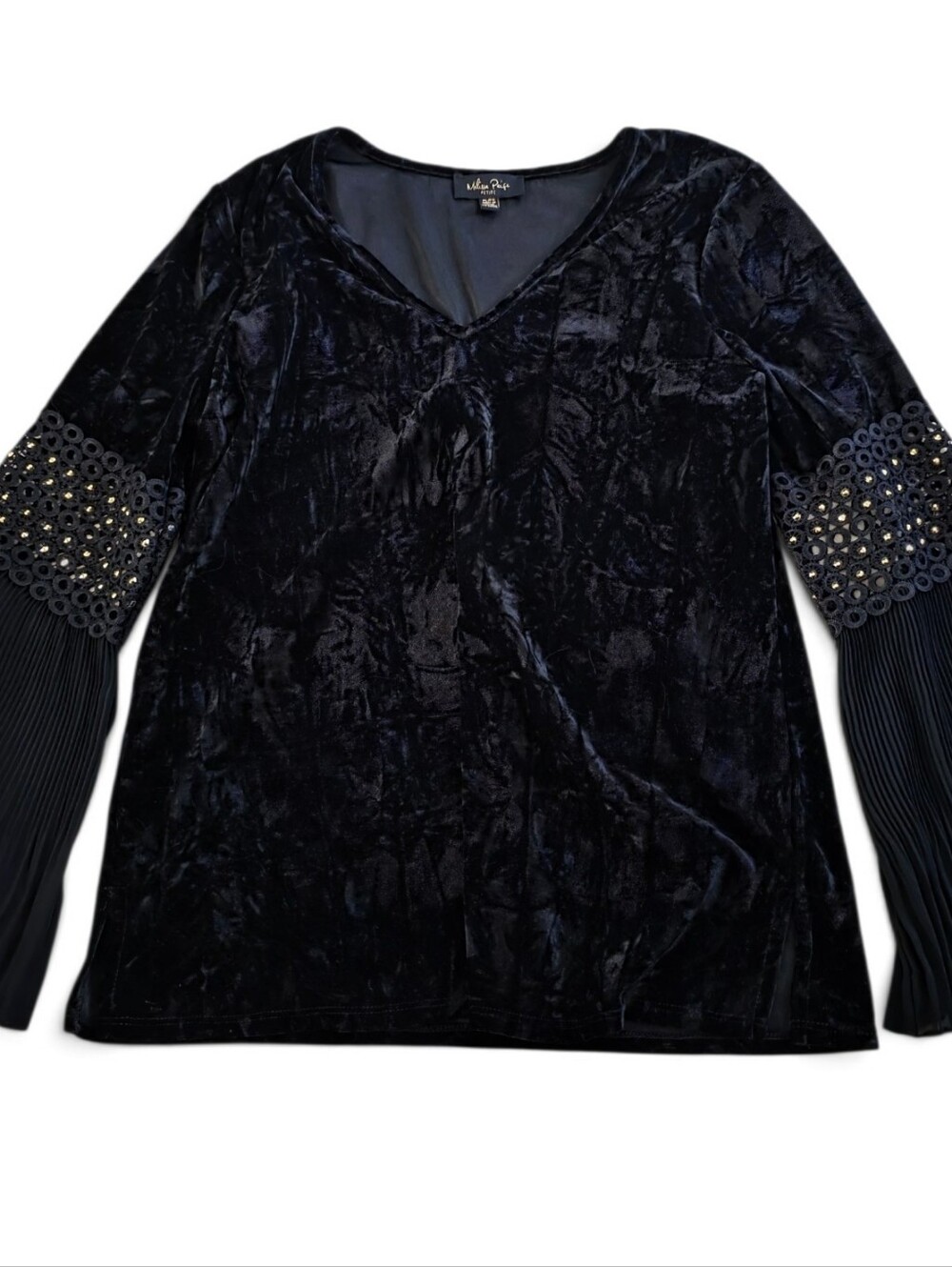 Melissa Paige Velvet Pleated Bell Sleeve Top Gold Studded Cutout Black PL